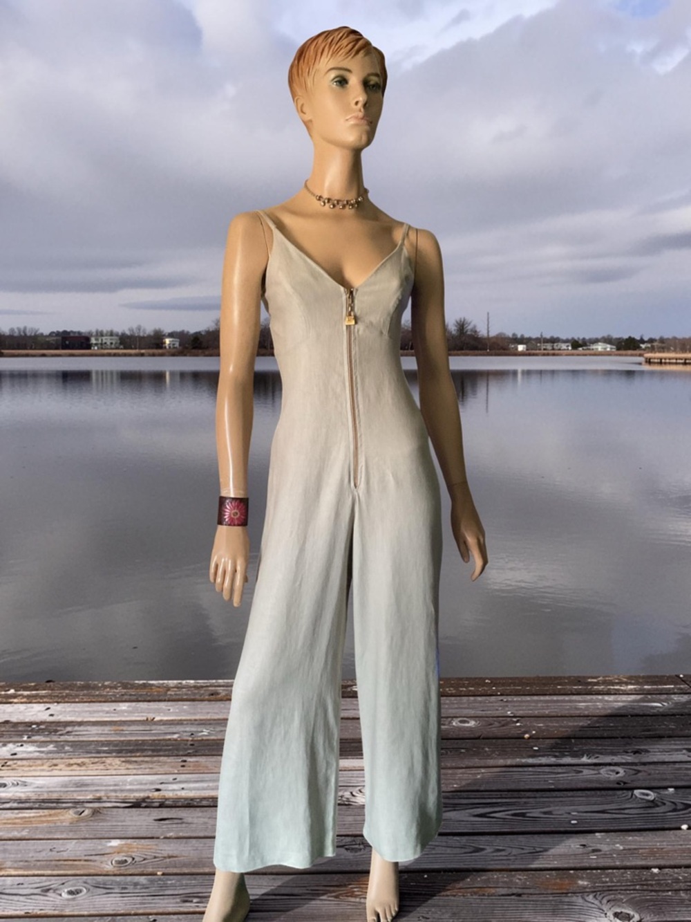 VINTAGE BETSEY JOHNSON LUXE LIGHT SAGE GREEN  LINEN JUMPSUIT SZ P or S